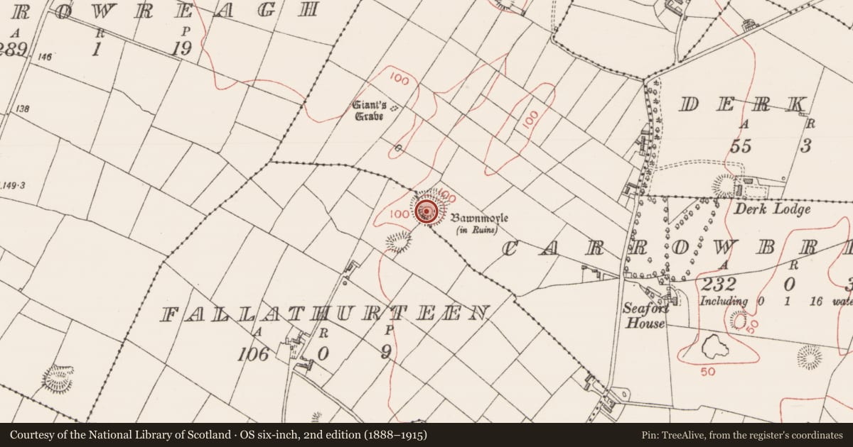 Ordnance Survey six-inch map, 2nd edition (1888–1915) covering the location of Enclosure, Carrowbrickeen, Fallathurteen, County Sligo, with a pin at the register's coordinates