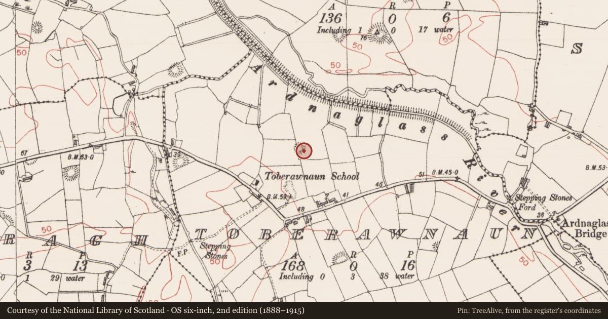 Ordnance Survey six-inch map, 2nd edition (1888–1915) covering the location of Ringfort - rath, Toberawnaun, County Sligo, with a pin at the register's coordinates