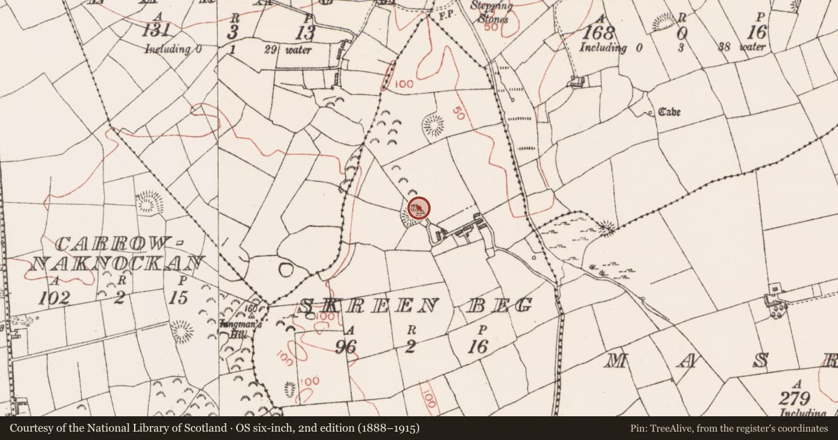 Ordnance Survey six-inch map, 2nd edition (1888–1915) covering the location of Hut site, Skreen Beg, County Sligo, with a pin at the register's coordinates