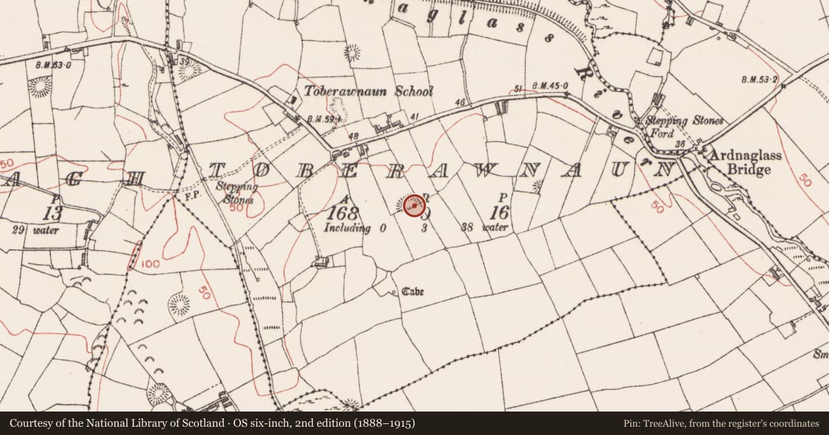 Ordnance Survey six-inch map, 2nd edition (1888–1915) covering the location of Enclosure, Toberawnaun, County Sligo, with a pin at the register's coordinates
