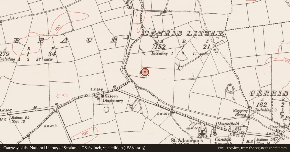 Ordnance Survey six-inch map, 2nd edition (1888–1915) covering the location of Ringfort - rath, Gerrib Little, County Sligo, with a pin at the register's coordinates