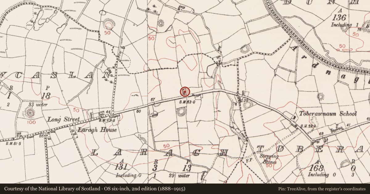 Ordnance Survey six-inch map, 2nd edition (1888–1915) covering the location of Enclosure, Laragh, County Sligo, with a pin at the register's coordinates