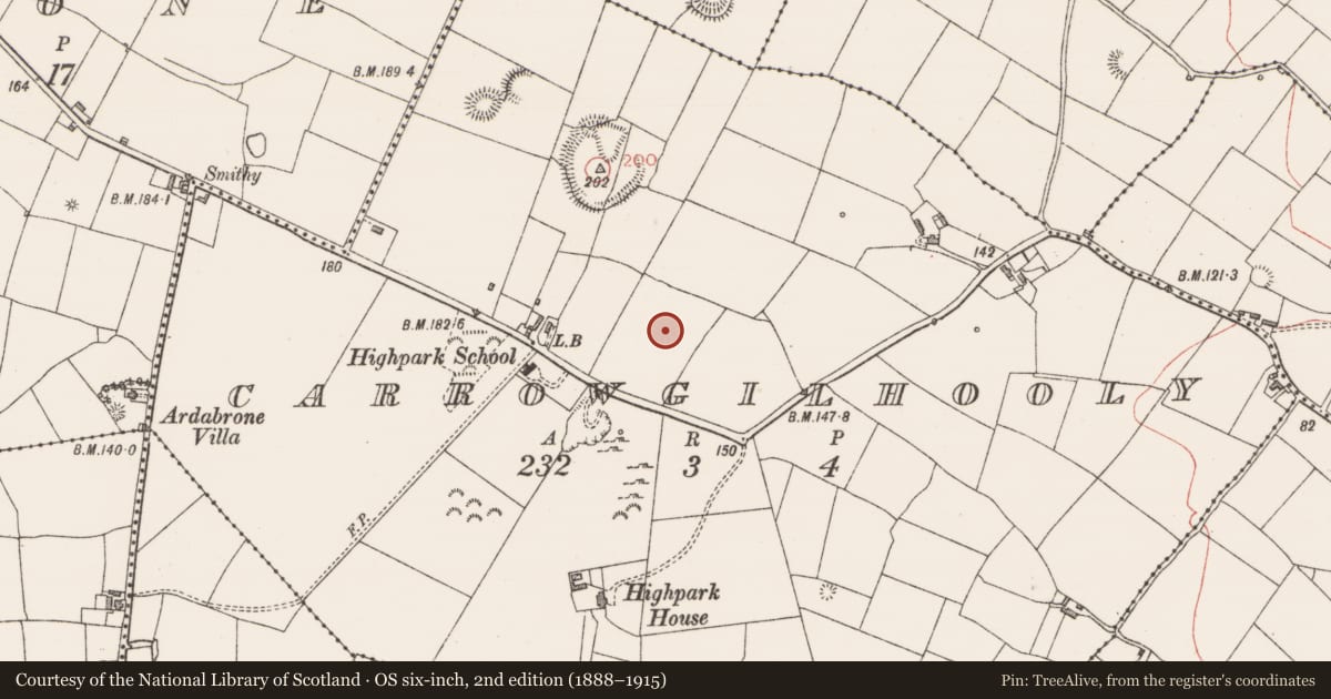 Ordnance Survey six-inch map, 2nd edition (1888–1915) covering the location of Megalithic structure, Carrowgilhooly, County Sligo, with a pin at the register's coordinates