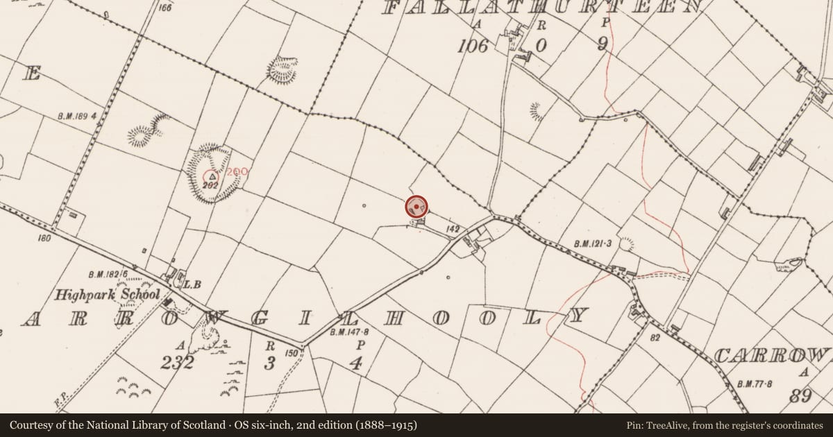 Ordnance Survey six-inch map, 2nd edition (1888–1915) covering the location of Bullaun stone, Carrowgilhooly, County Sligo, with a pin at the register's coordinates