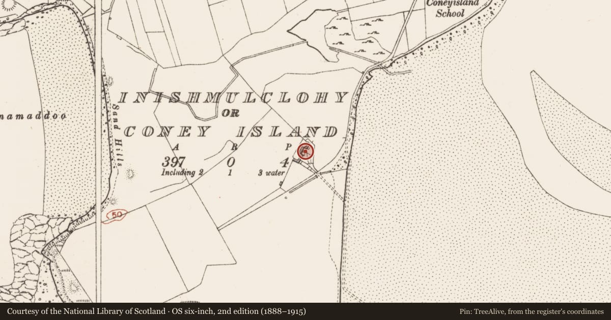 Ordnance Survey six-inch map, 2nd edition (1888–1915) covering the location of House - 17th century, Inishmulclohy Or Coney Island, County Sligo, with a pin at the register's coordinates