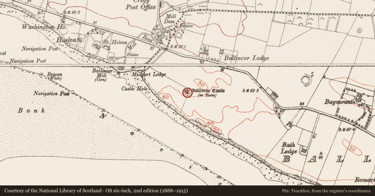 Ordnance Survey six-inch map, 2nd edition (1888–1915) covering the location of House - fortified house, Ballincar, County Sligo, with a pin at the register's coordinates