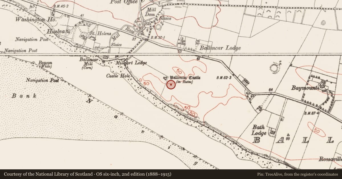 Ordnance Survey six-inch map, 2nd edition (1888–1915) covering the location of Earthwork, Ballincar, County Sligo, with a pin at the register's coordinates