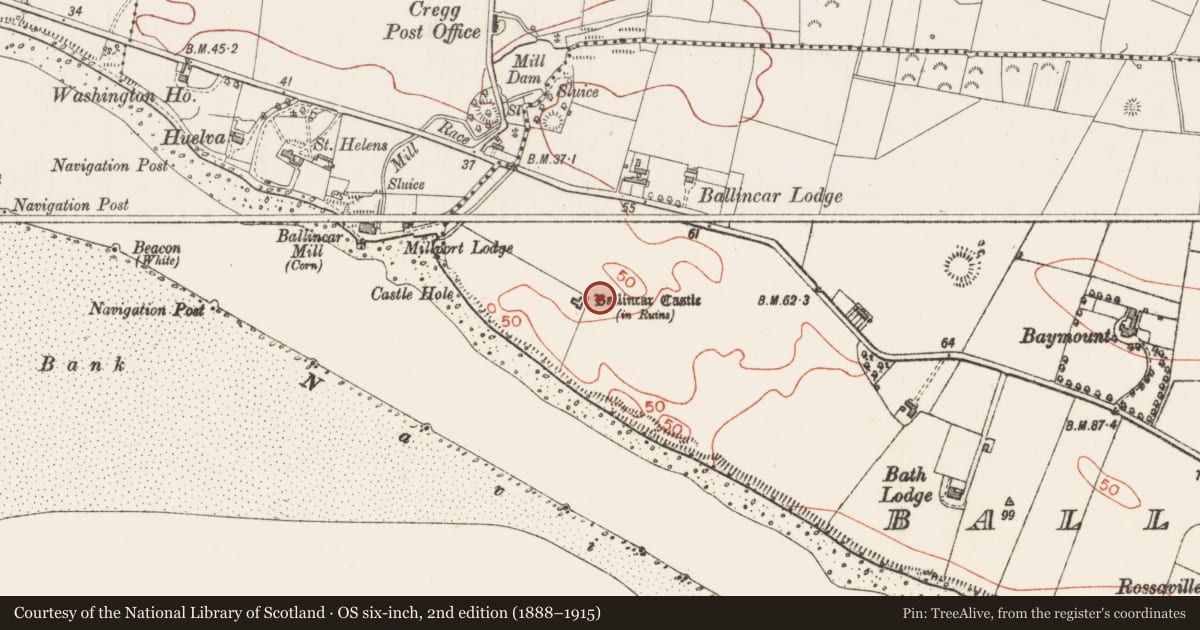 Ordnance Survey six-inch map, 2nd edition (1888–1915) covering the location of Enclosure, Ballincar, County Sligo, with a pin at the register's coordinates