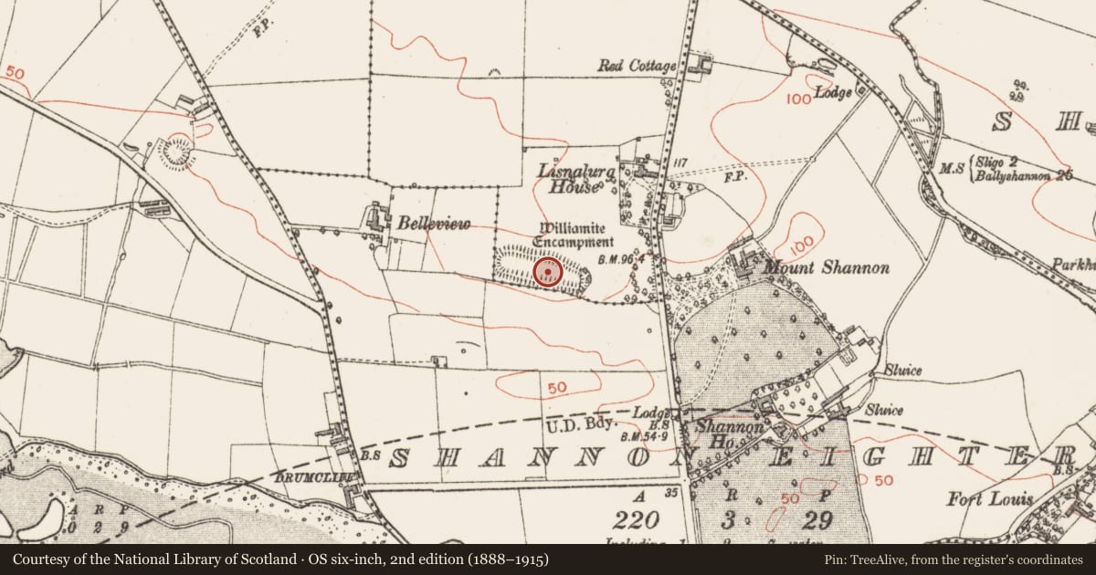 Ordnance Survey six-inch map, 2nd edition (1888–1915) covering the location of Fortification, Lisnalurg, County Sligo, with a pin at the register's coordinates
