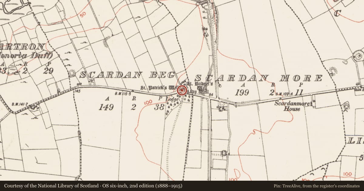 Ordnance Survey six-inch map, 2nd edition (1888–1915) covering the location of Ritual site - holy well, Scardan Beg, County Sligo, with a pin at the register's coordinates