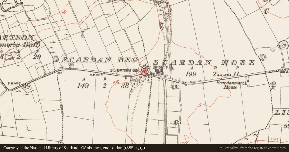 Ordnance Survey six-inch map, 2nd edition (1888–1915) covering the location of Ritual site - holy well, Scardan Beg, County Sligo, with a pin at the register's coordinates