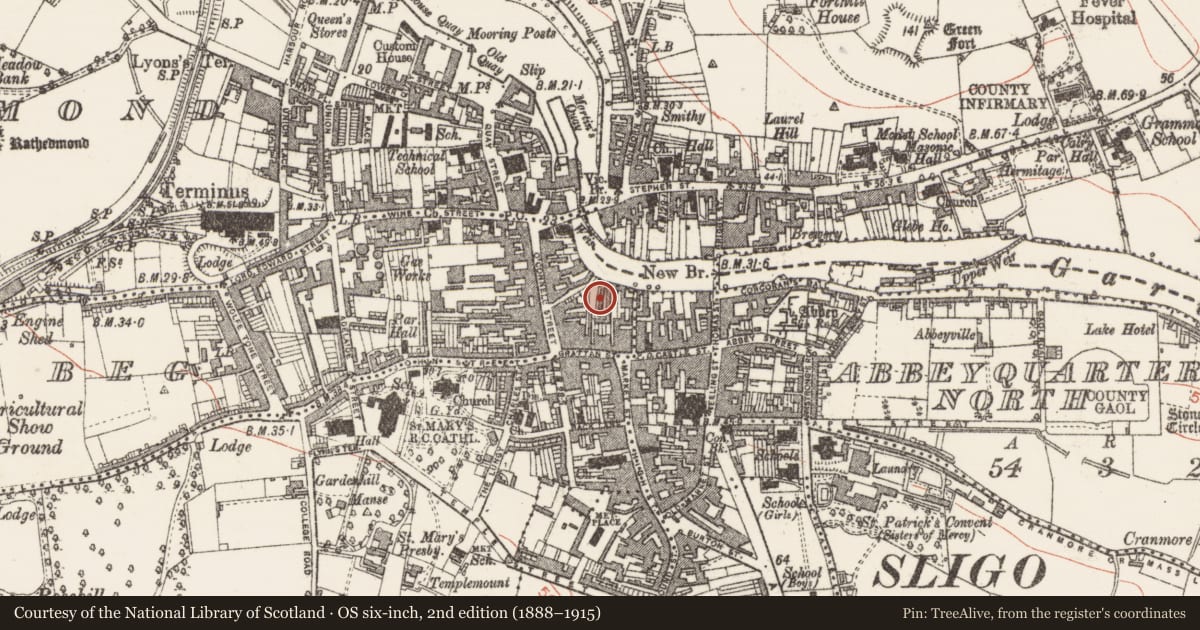 Ordnance Survey six-inch map, 2nd edition (1888–1915) covering the location of Historic town, County Sligo, with a pin at the register's coordinates