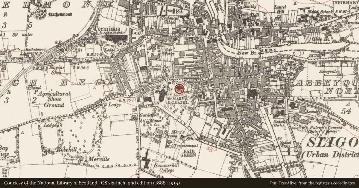 Ordnance Survey six-inch map, 2nd edition (1888–1915) covering the location of Hospital, Magheraboy, County Sligo, with a pin at the register's coordinates