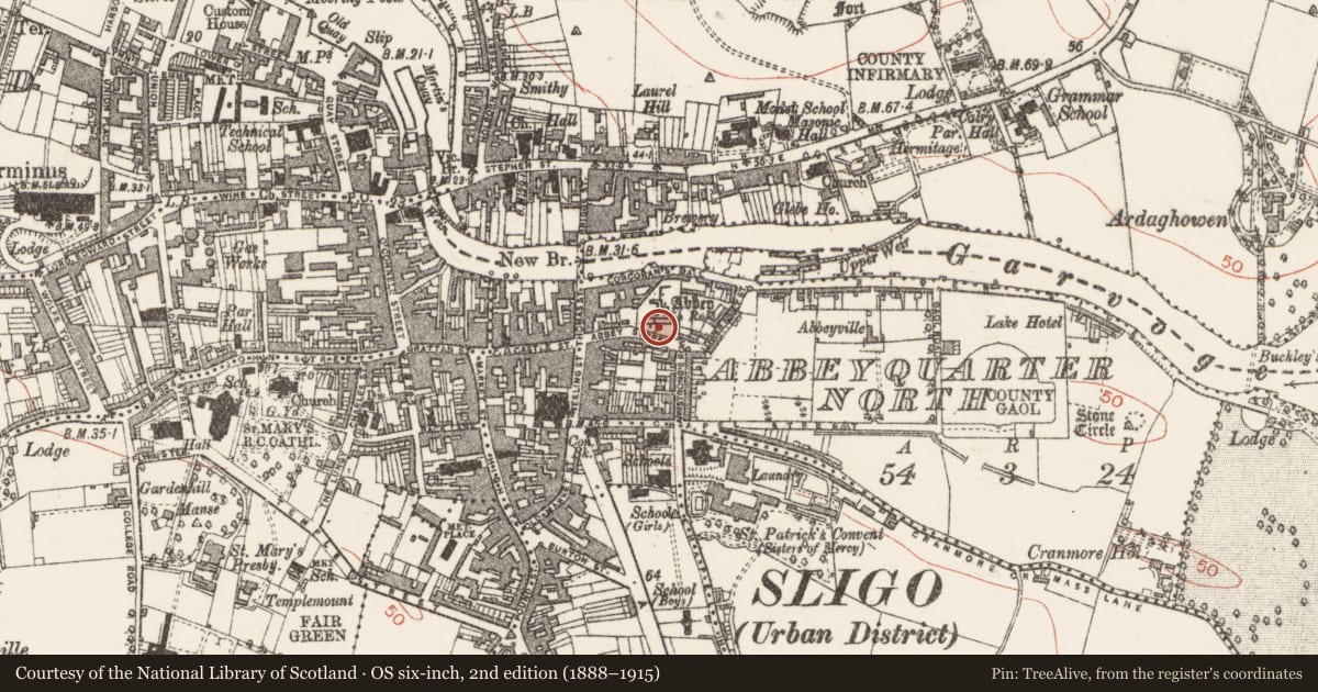 Ordnance Survey six-inch map, 2nd edition (1888–1915) covering the location of Religious house - Dominican friars, Abbeyquarter North, County Sligo, with a pin at the register's coordinates