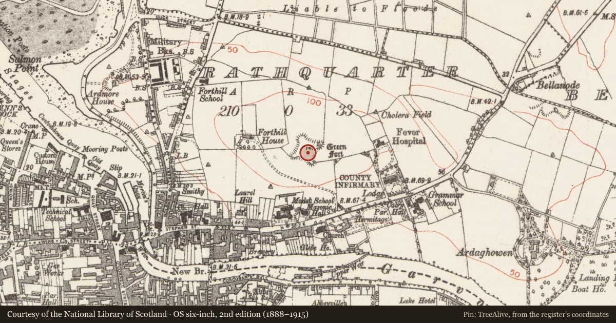 Ordnance Survey six-inch map, 2nd edition (1888–1915) covering the location of Bastioned fort, Rathquarter, County Sligo, with a pin at the register's coordinates