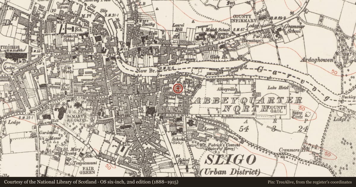 Ordnance Survey six-inch map, 2nd edition (1888–1915) covering the location of Wall monument, Abbeyquarter North, County Sligo, with a pin at the register's coordinates