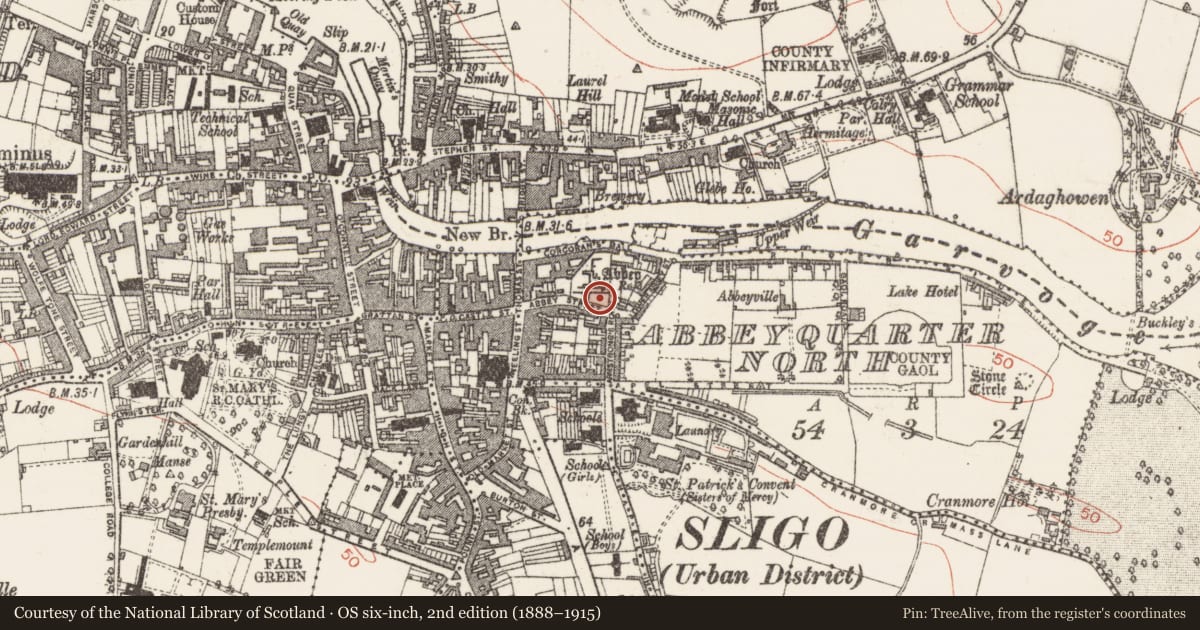 Ordnance Survey six-inch map, 2nd edition (1888–1915) covering the location of Wall monument, Abbeyquarter North, County Sligo, with a pin at the register's coordinates