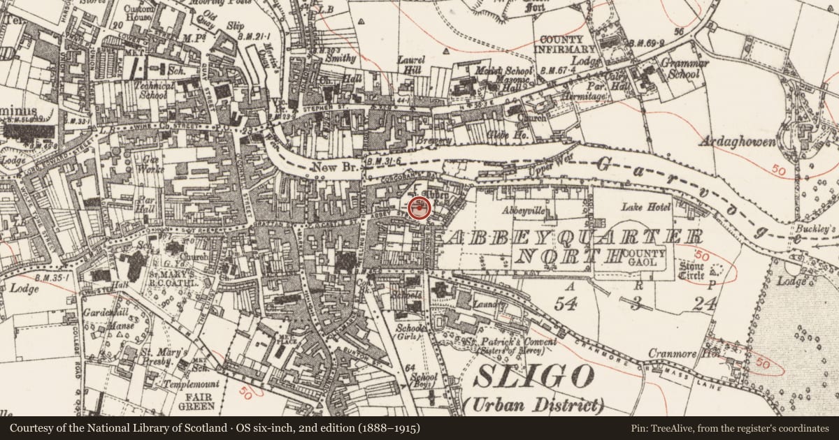 Ordnance Survey six-inch map, 2nd edition (1888–1915) covering the location of Graveslab, Abbeyquarter North, County Sligo, with a pin at the register's coordinates