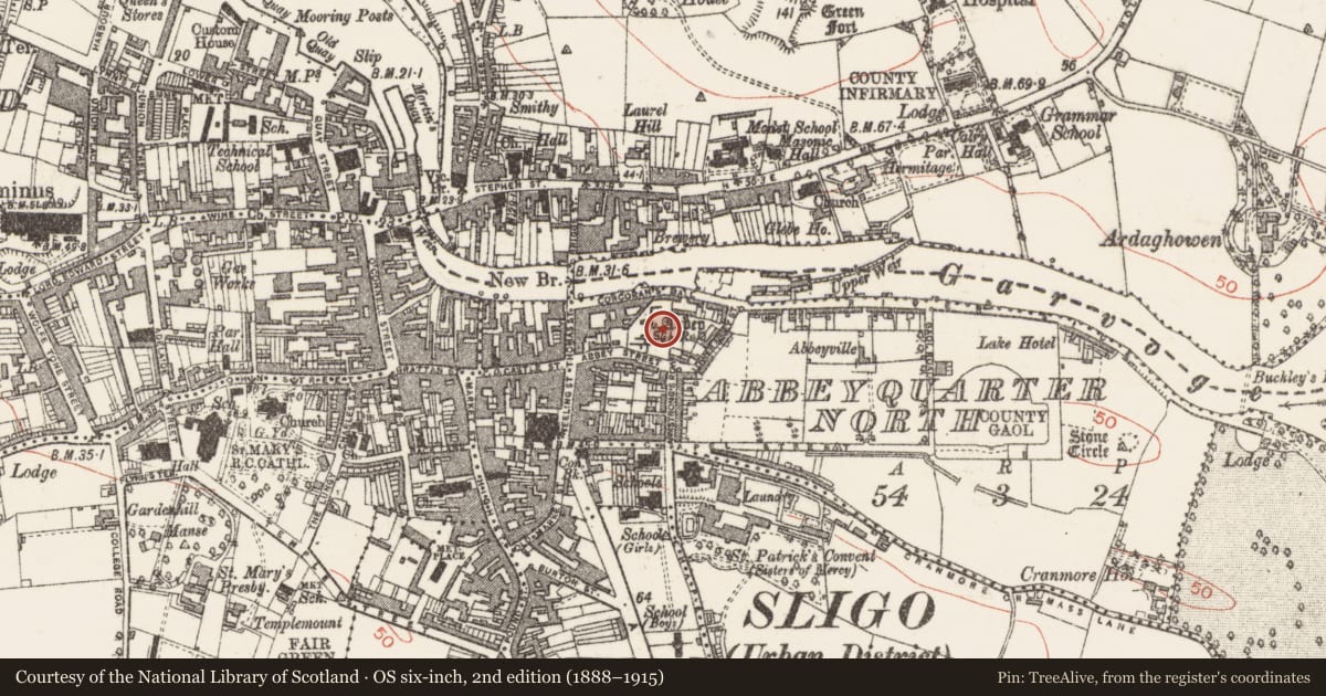 Ordnance Survey six-inch map, 2nd edition (1888–1915) covering the location of Graveyard, Abbeyquarter North, County Sligo, with a pin at the register's coordinates