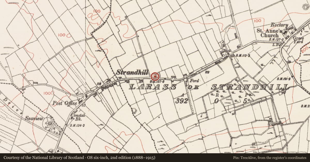 Ordnance Survey six-inch map, 2nd edition (1888–1915) covering the location of Ringfort - rath, Larass Or Strandhill, County Sligo, with a pin at the register's coordinates