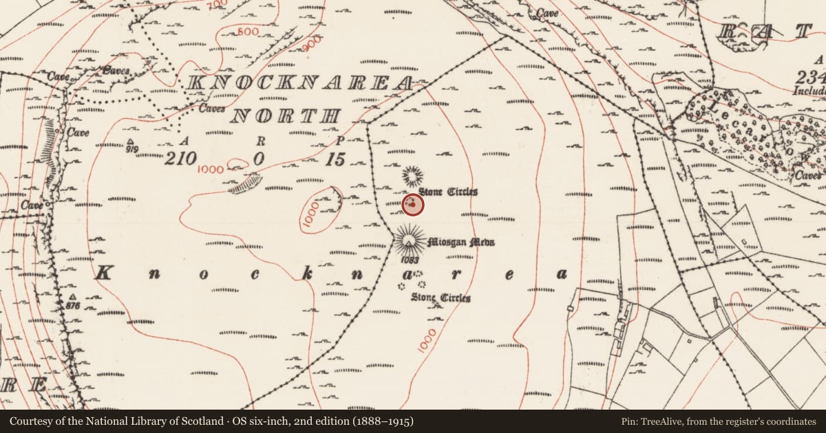 Ordnance Survey six-inch map, 2nd edition (1888–1915) covering the location of Enclosure, Knocknarea South, County Sligo, with a pin at the register's coordinates