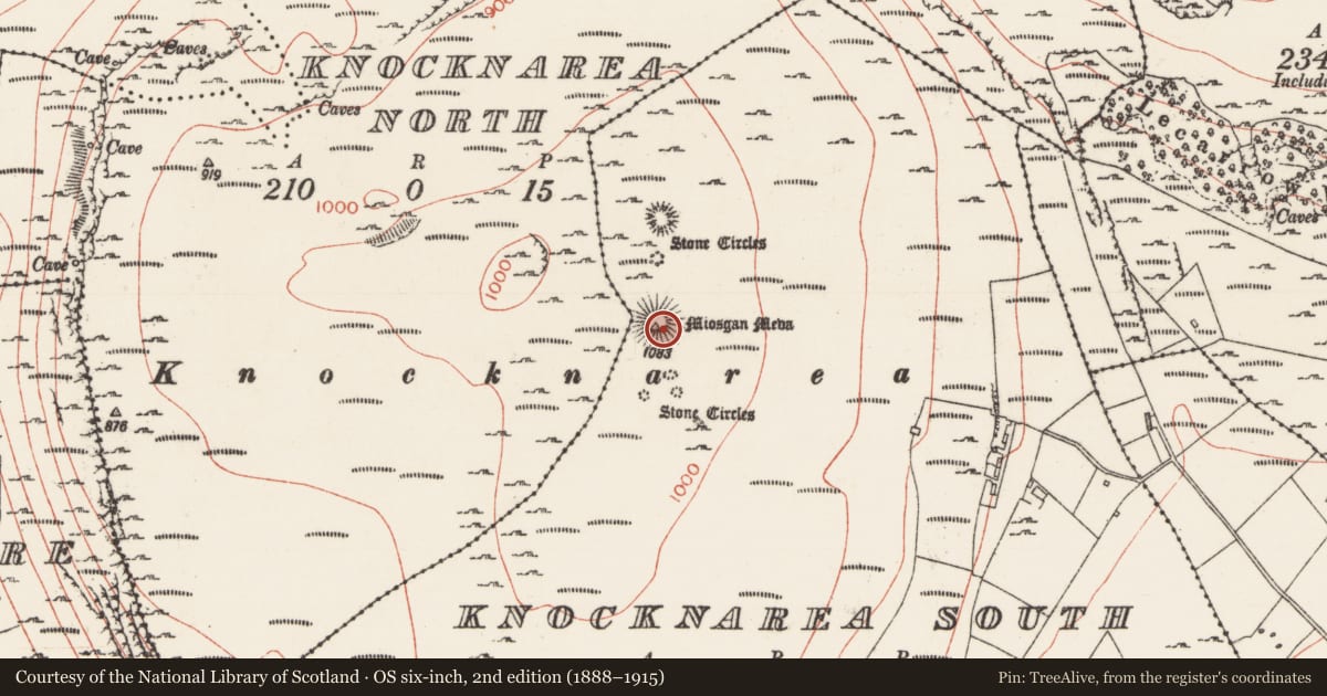 Ordnance Survey six-inch map, 2nd edition (1888–1915) covering the location of Megalithic tomb - passage tomb, Knocknarea South, County Sligo, with a pin at the register's coordinates