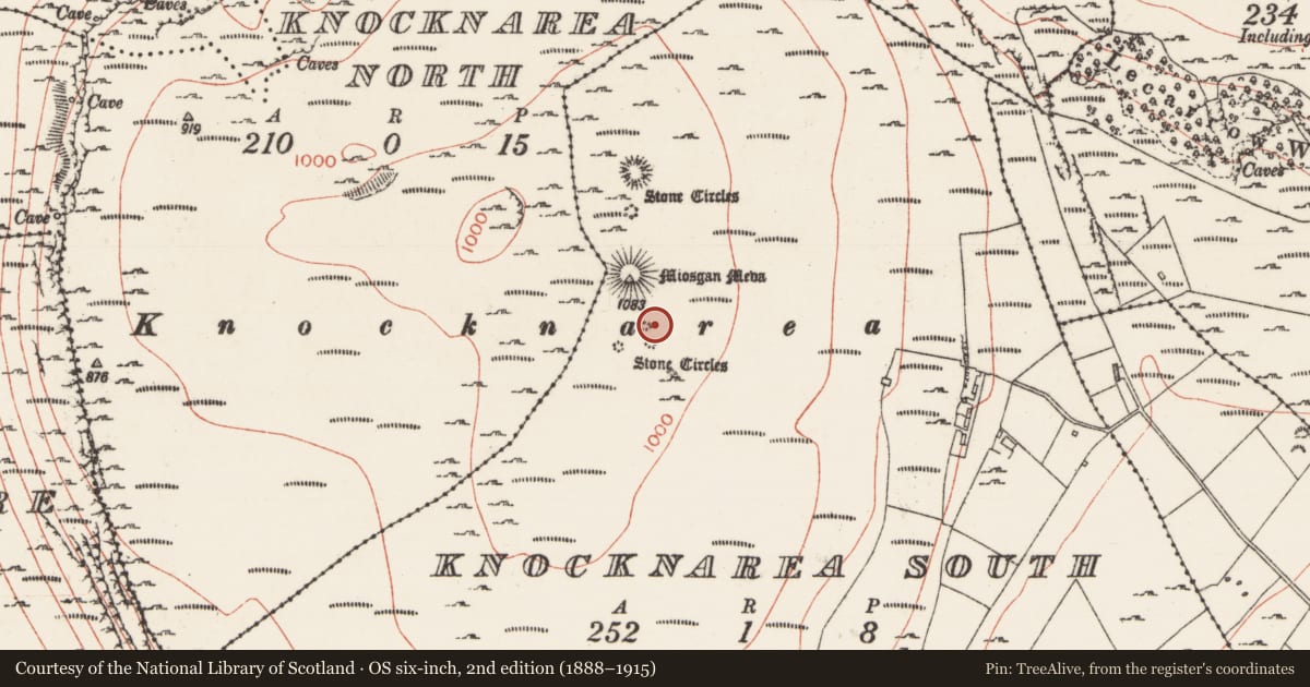 Ordnance Survey six-inch map, 2nd edition (1888–1915) covering the location of Mound, Knocknarea South, County Sligo, with a pin at the register's coordinates
