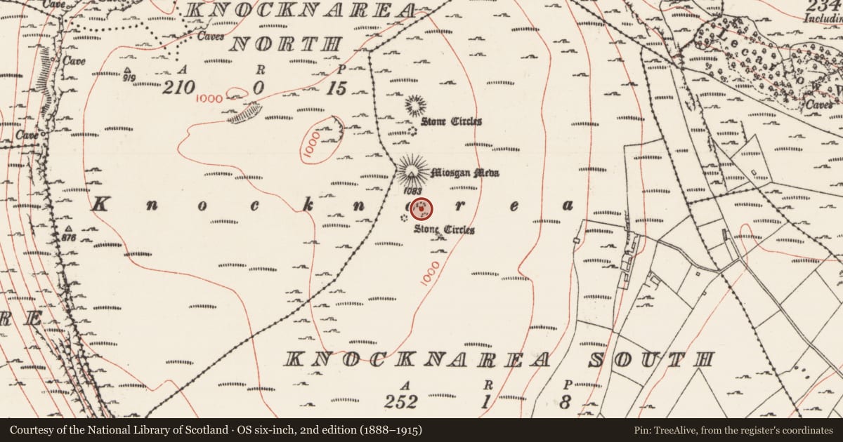 Ordnance Survey six-inch map, 2nd edition (1888–1915) covering the location of Megalithic tomb - passage tomb, Knocknarea South, County Sligo, with a pin at the register's coordinates
