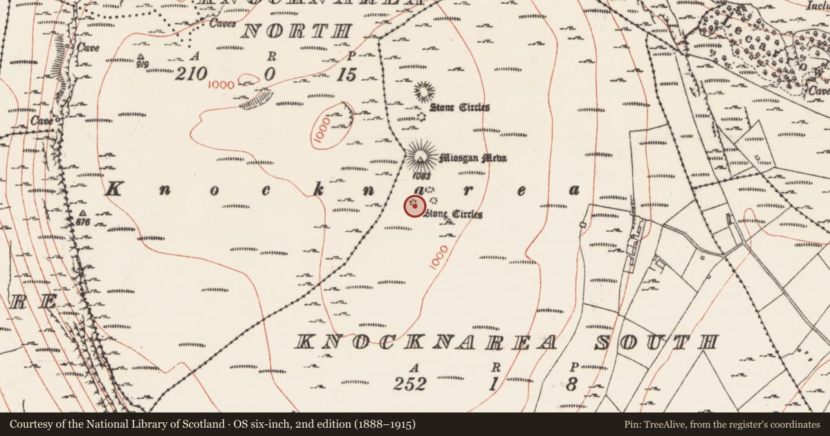 Ordnance Survey six-inch map, 2nd edition (1888–1915) covering the location of Megalithic tomb - passage tomb, Knocknarea South, County Sligo, with a pin at the register's coordinates