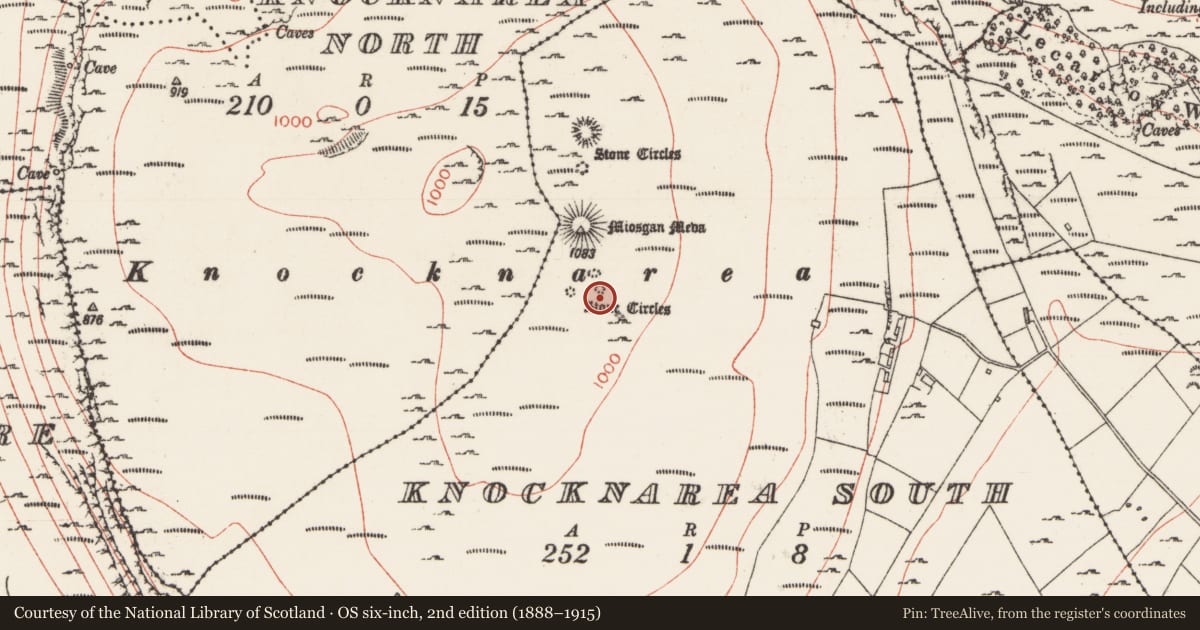 Ordnance Survey six-inch map, 2nd edition (1888–1915) covering the location of Megalithic tomb - passage tomb, Knocknarea South, County Sligo, with a pin at the register's coordinates