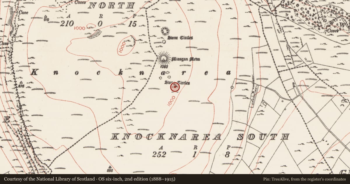 Ordnance Survey six-inch map, 2nd edition (1888–1915) covering the location of Cairn - unclassified, Knocknarea South, County Sligo, with a pin at the register's coordinates