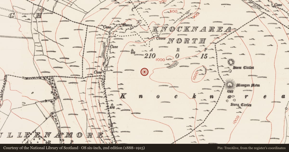 Ordnance Survey six-inch map, 2nd edition (1888–1915) covering the location of Cairn - unclassified, Knocknarea North, County Sligo, with a pin at the register's coordinates