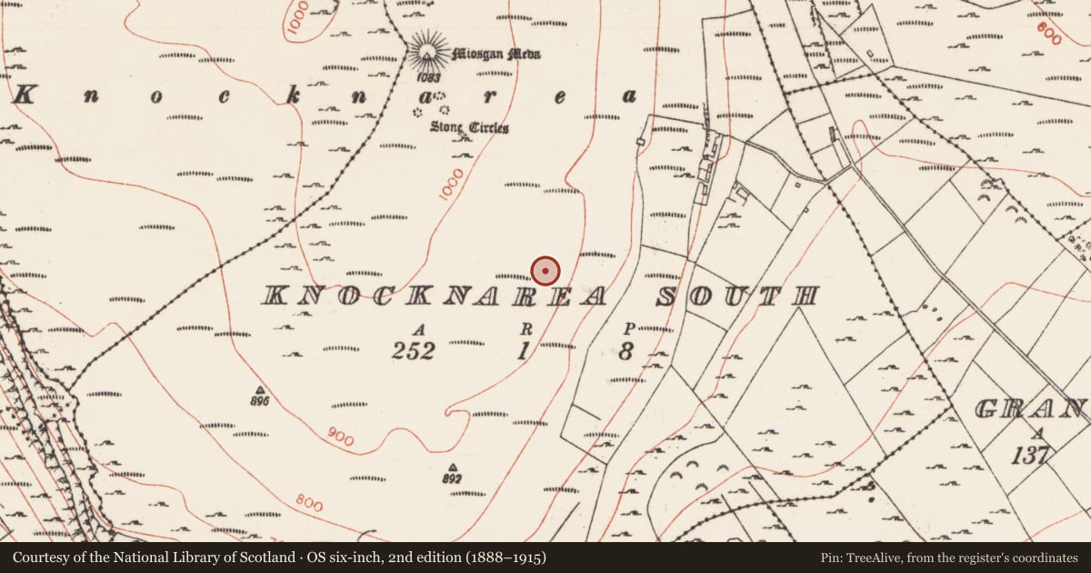Ordnance Survey six-inch map, 2nd edition (1888–1915) covering the location of Megalithic tomb - passage tomb, Knocknarea South, County Sligo, with a pin at the register's coordinates