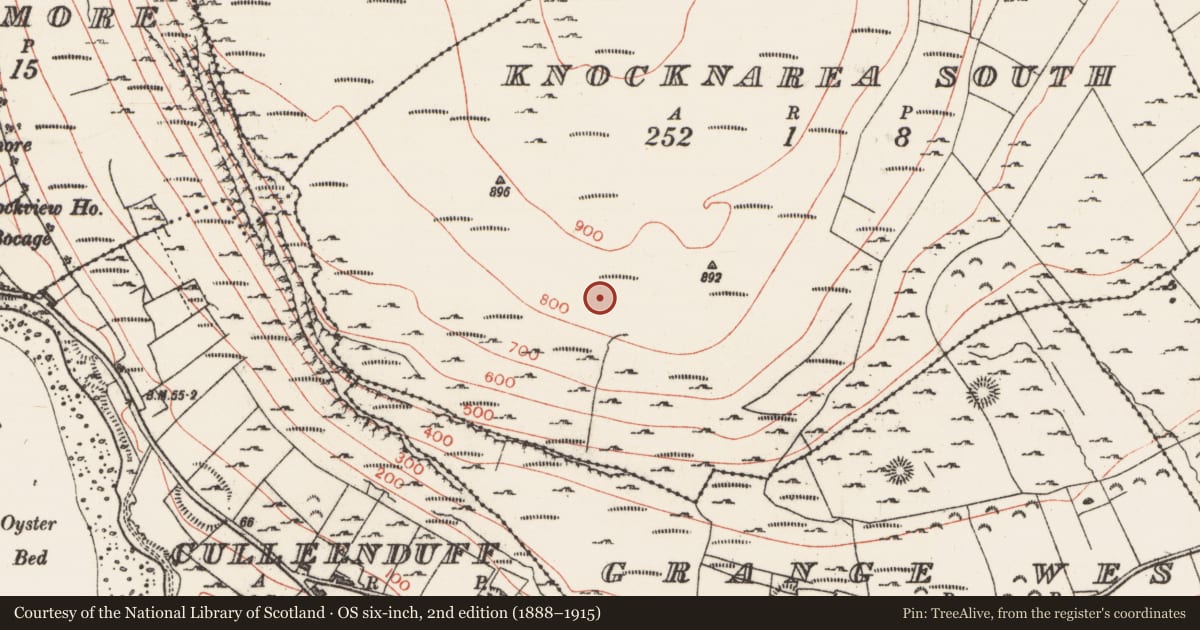 Ordnance Survey six-inch map, 2nd edition (1888–1915) covering the location of Hut site, Knocknarea South, County Sligo, with a pin at the register's coordinates