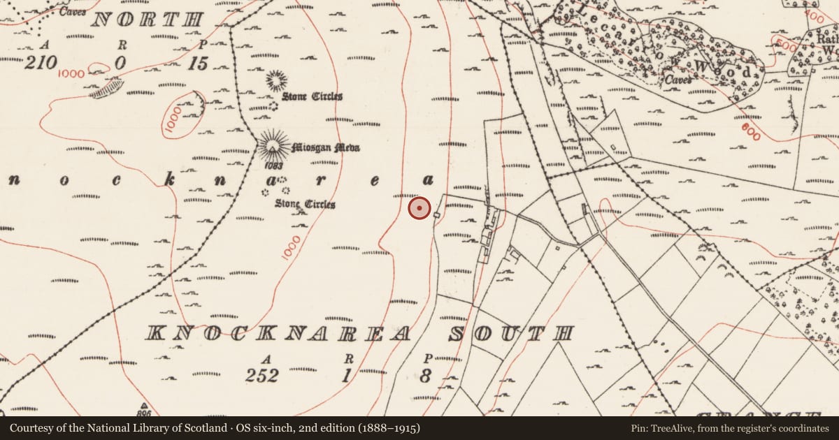 Ordnance Survey six-inch map, 2nd edition (1888–1915) covering the location of Earthwork, Knocknarea South, County Sligo, with a pin at the register's coordinates