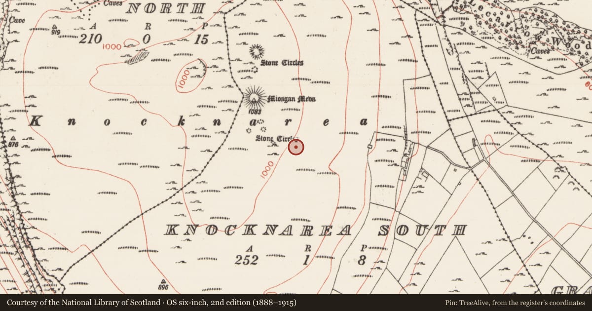 Ordnance Survey six-inch map, 2nd edition (1888–1915) covering the location of Cairn - unclassified, Knocknarea South, County Sligo, with a pin at the register's coordinates