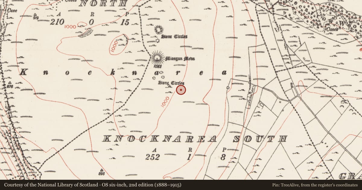 Ordnance Survey six-inch map, 2nd edition (1888–1915) covering the location of Cairn - unclassified, Knocknarea South, County Sligo, with a pin at the register's coordinates