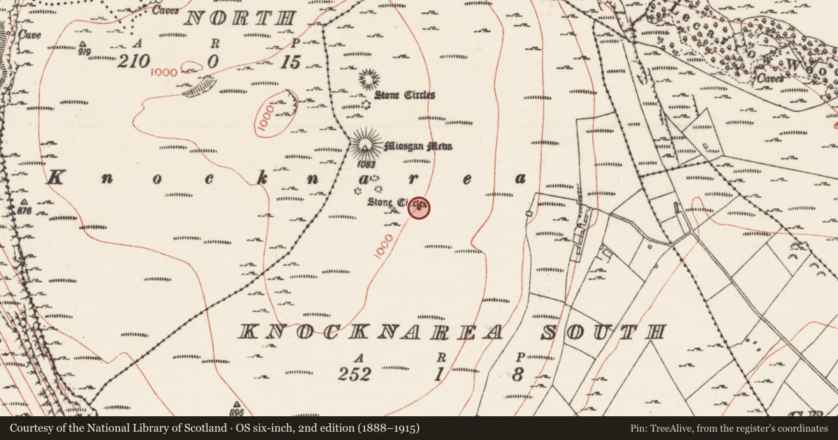 Ordnance Survey six-inch map, 2nd edition (1888–1915) covering the location of Cairn - unclassified, Knocknarea South, County Sligo, with a pin at the register's coordinates