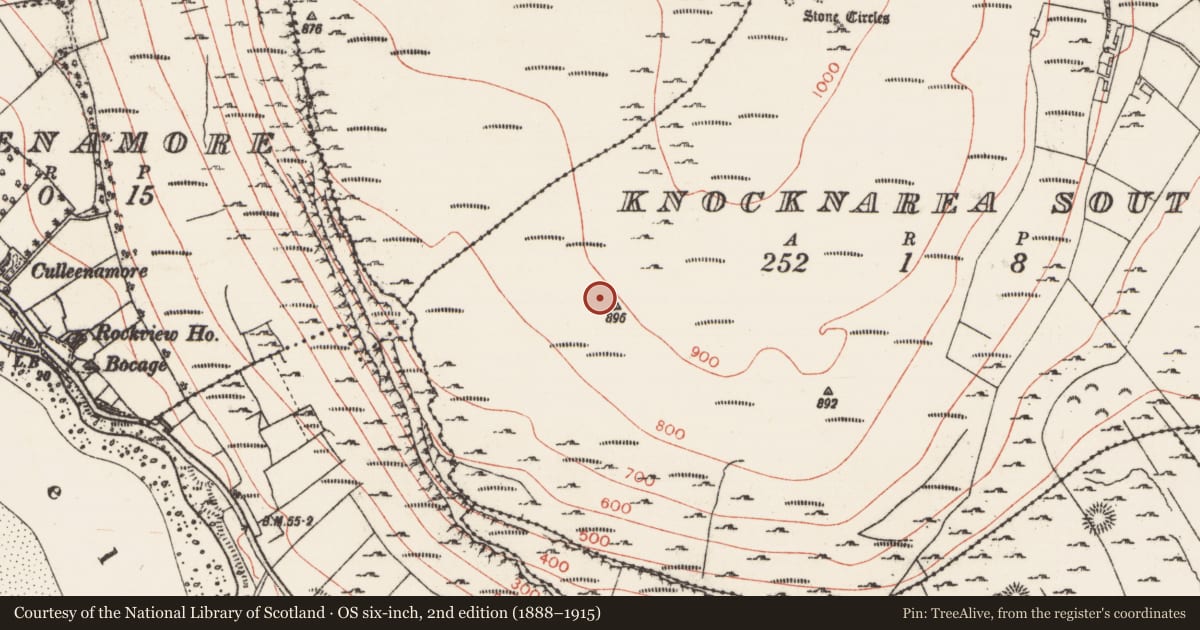 Ordnance Survey six-inch map, 2nd edition (1888–1915) covering the location of Hut site, Knocknarea South, County Sligo, with a pin at the register's coordinates