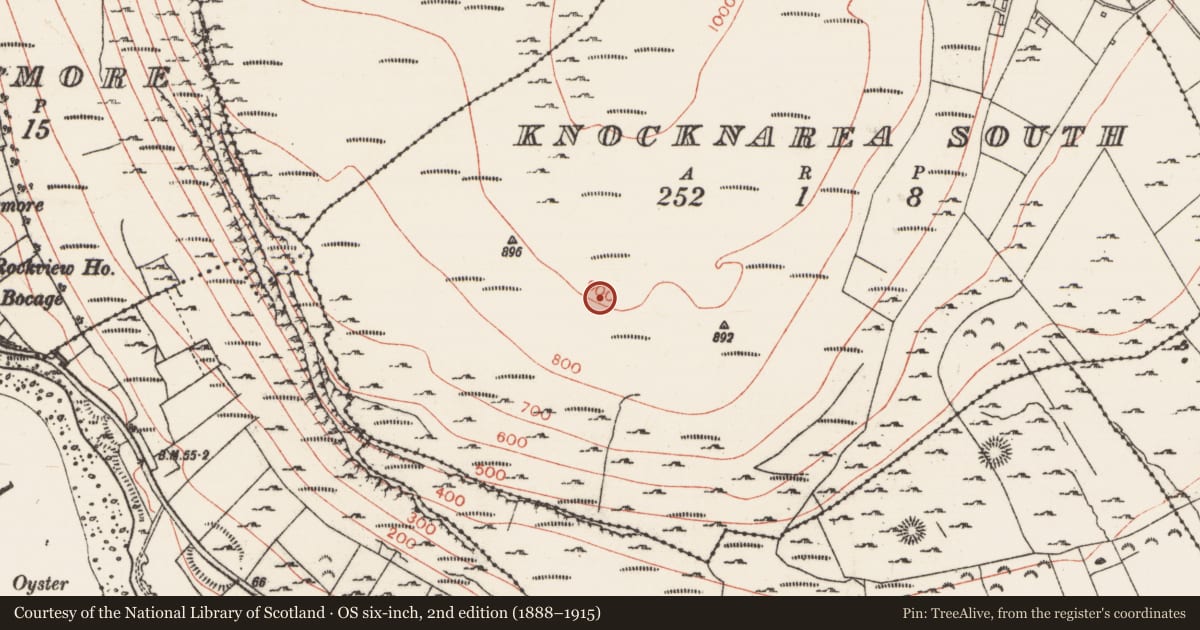Ordnance Survey six-inch map, 2nd edition (1888–1915) covering the location of Hut site, Knocknarea South, County Sligo, with a pin at the register's coordinates