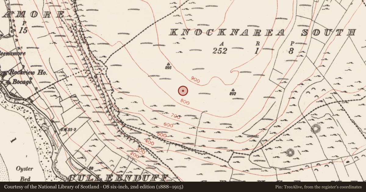 Ordnance Survey six-inch map, 2nd edition (1888–1915) covering the location of Hut site, Knocknarea South, County Sligo, with a pin at the register's coordinates