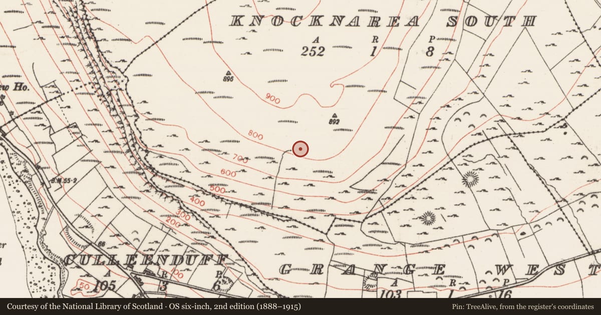 Ordnance Survey six-inch map, 2nd edition (1888–1915) covering the location of Hut site, Knocknarea South, County Sligo, with a pin at the register's coordinates