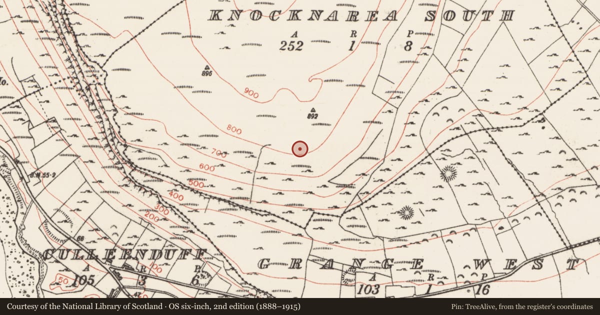 Ordnance Survey six-inch map, 2nd edition (1888–1915) covering the location of Hut site, Knocknarea South, County Sligo, with a pin at the register's coordinates