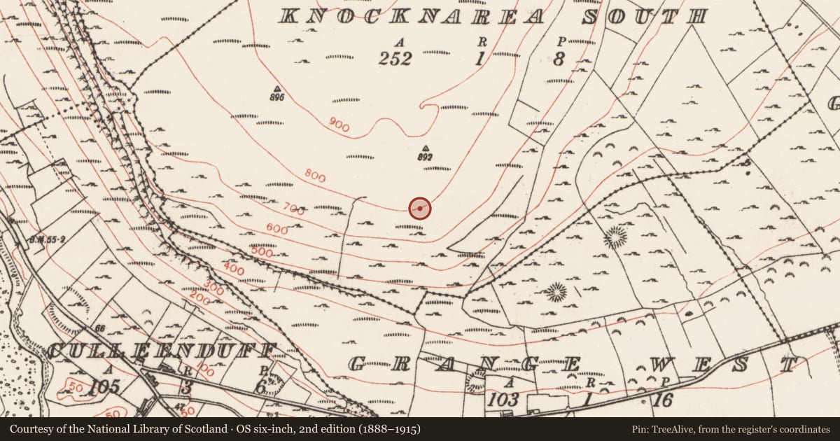 Ordnance Survey six-inch map, 2nd edition (1888–1915) covering the location of Hut site, Knocknarea South, County Sligo, with a pin at the register's coordinates