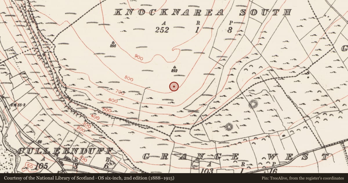 Ordnance Survey six-inch map, 2nd edition (1888–1915) covering the location of Hut site, Knocknarea South, County Sligo, with a pin at the register's coordinates