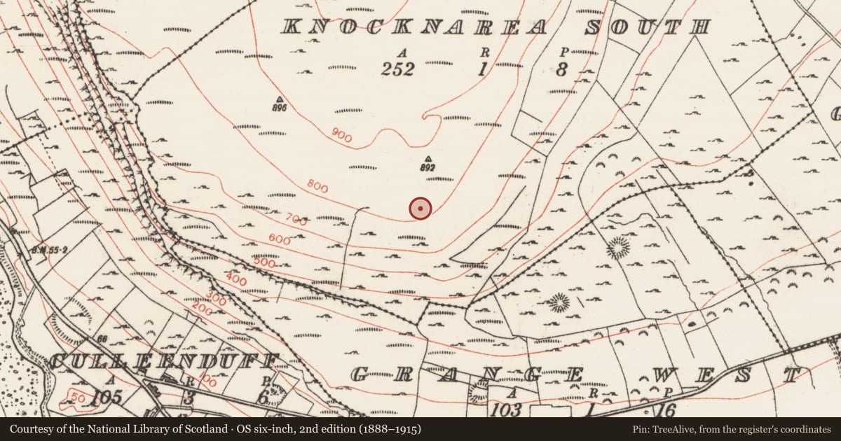 Ordnance Survey six-inch map, 2nd edition (1888–1915) covering the location of Hut site, Knocknarea South, County Sligo, with a pin at the register's coordinates