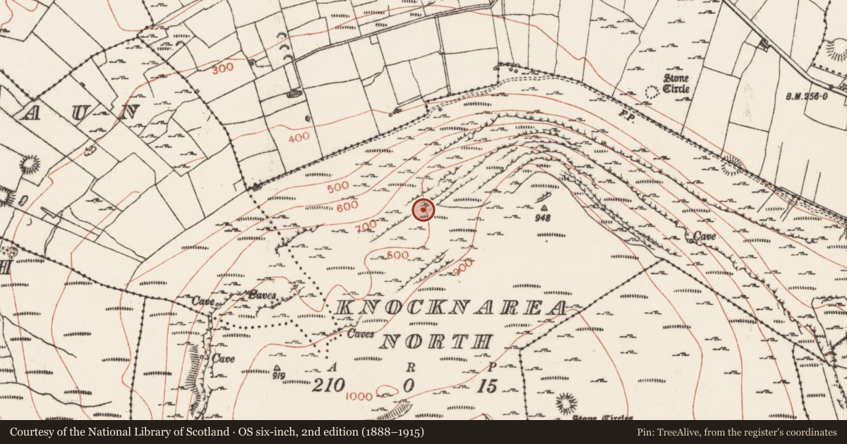 Ordnance Survey six-inch map, 2nd edition (1888–1915) covering the location of Building, Knocknarea North, County Sligo, with a pin at the register's coordinates