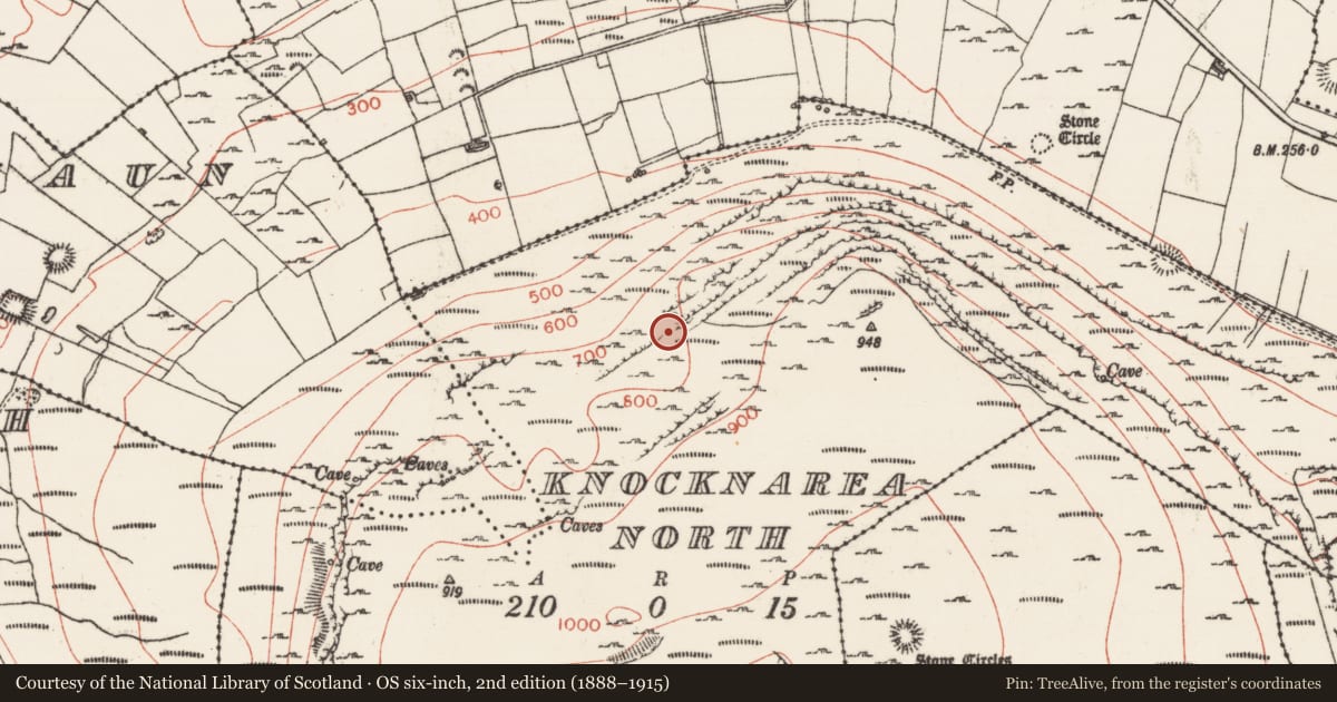 Ordnance Survey six-inch map, 2nd edition (1888–1915) covering the location of Building, Knocknarea North, County Sligo, with a pin at the register's coordinates