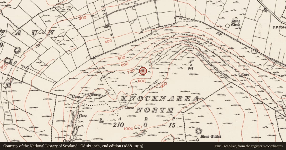 Ordnance Survey six-inch map, 2nd edition (1888–1915) covering the location of Building, Knocknarea North, County Sligo, with a pin at the register's coordinates