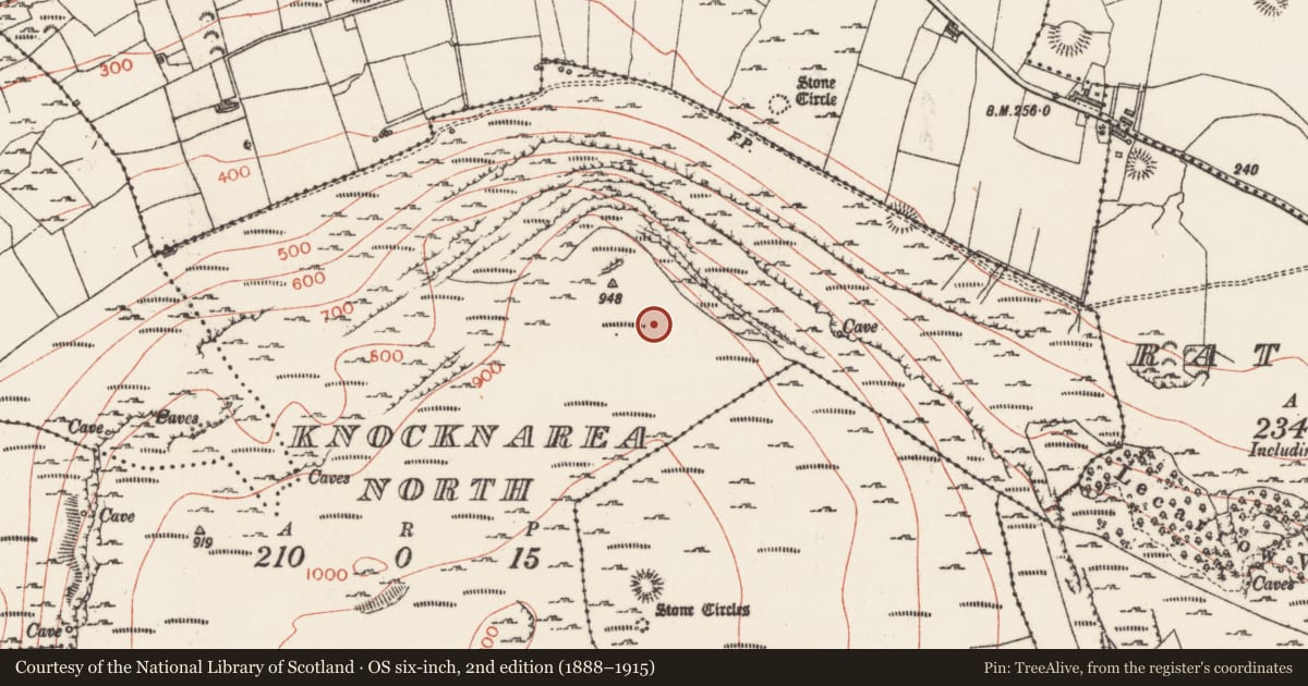 Ordnance Survey six-inch map, 2nd edition (1888–1915) covering the location of Cairn - unclassified, Knocknarea South, County Sligo, with a pin at the register's coordinates